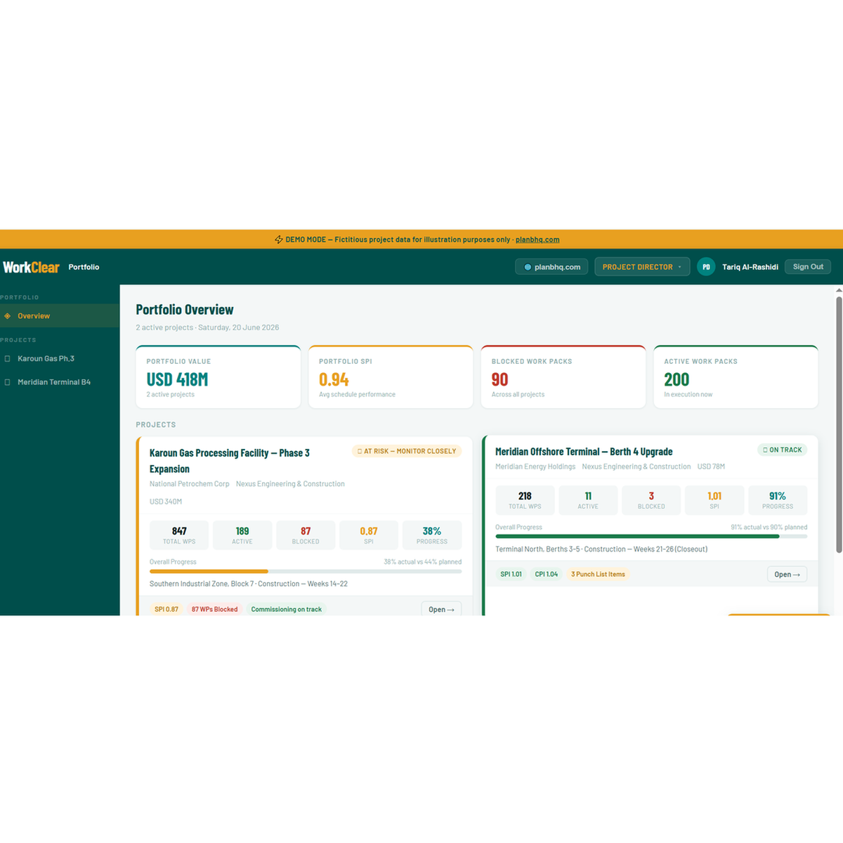 WorkClear Portfolio Overview — blocked and active Work Packs at a glance